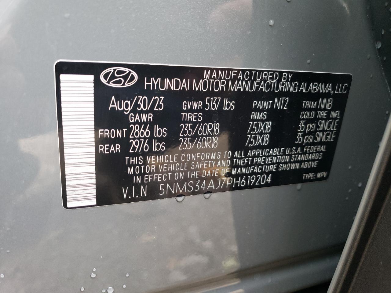 2023 HYUNDAI SANTA FE SEL PREMIUM VIN:5NMS34AJ7PH619204
