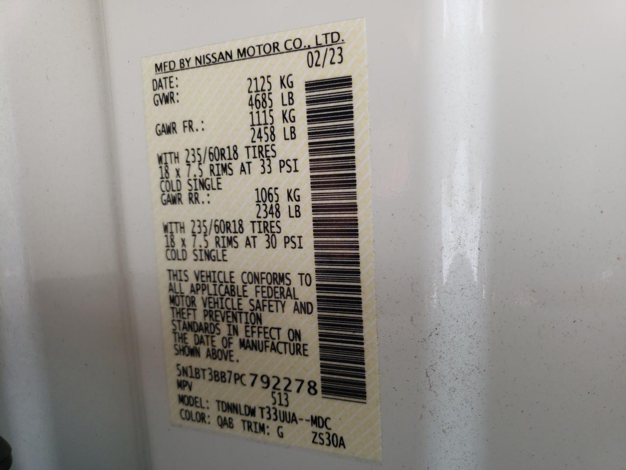 2023 NISSAN ROGUE SV VIN:5N1BT3BB7PC792278