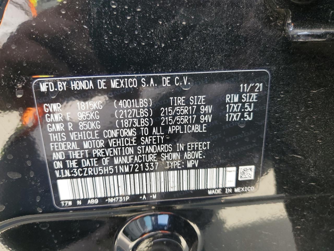 2022 HONDA HR-V EX VIN:3CZRU5H51NM721337