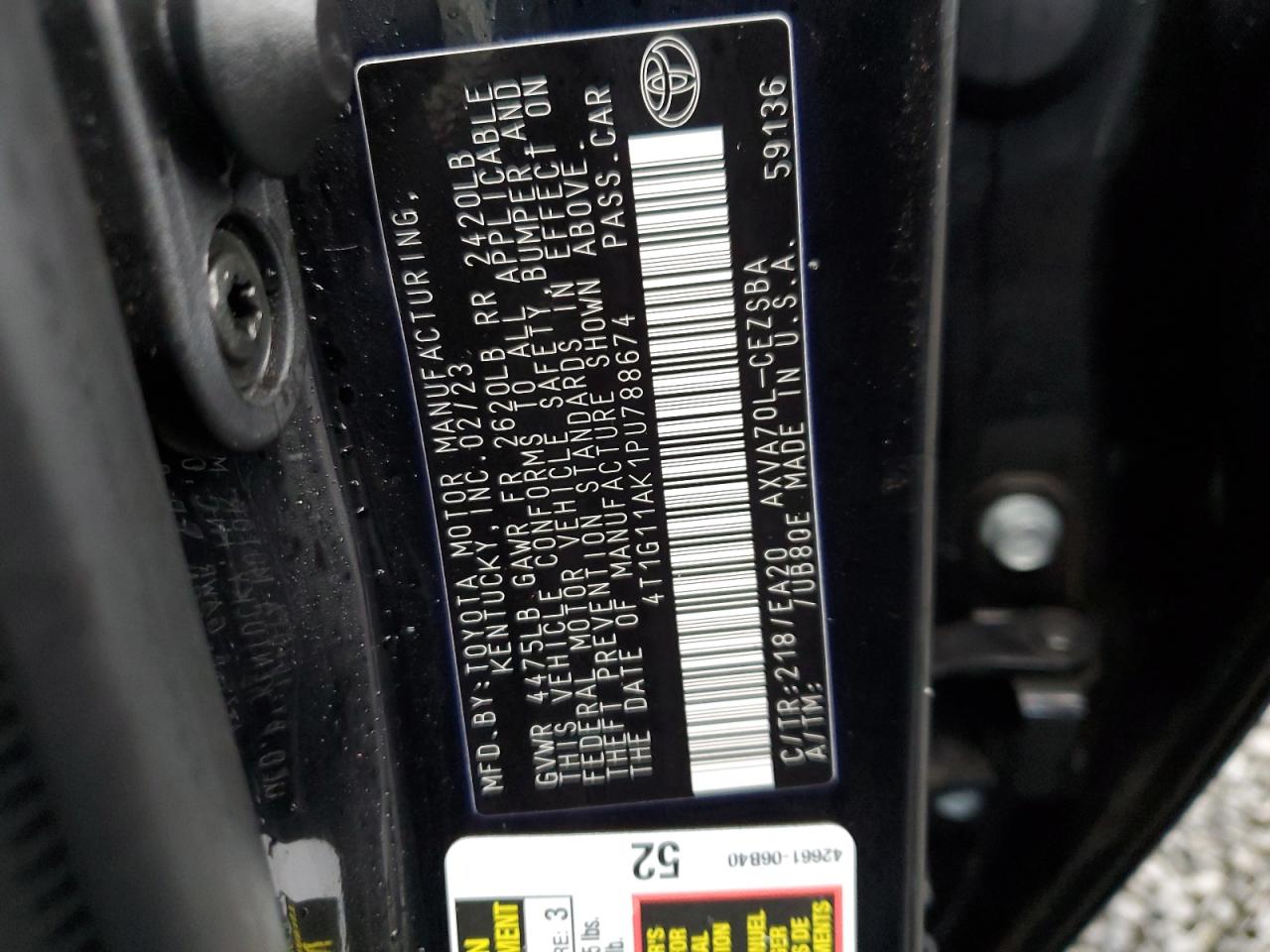 2023 TOYOTA CAMRY SE NIGHT SHADE VIN:4T1G11AK1PU788674