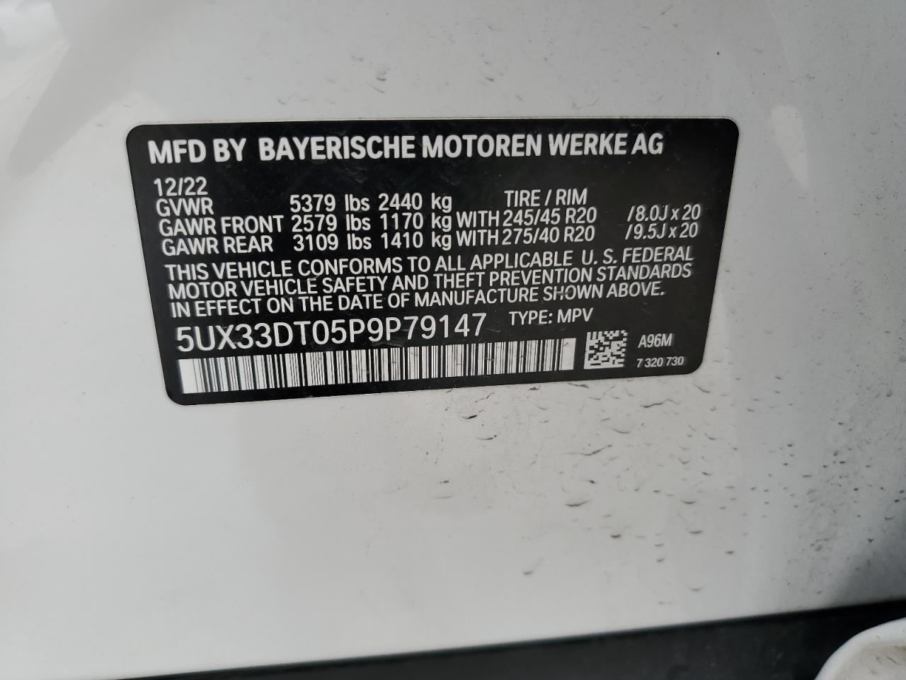 2023 BMW X4 XDRIVE30I VIN:5UX33DT05P9P79147