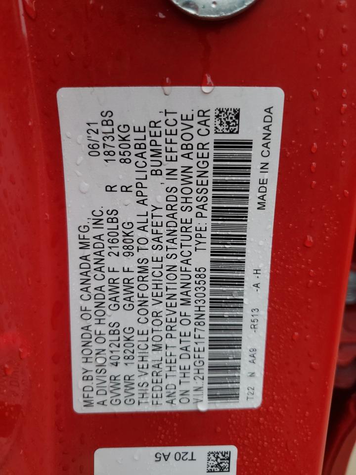 2022 HONDA CIVIC EX VIN:2HGFE1F78NH303585