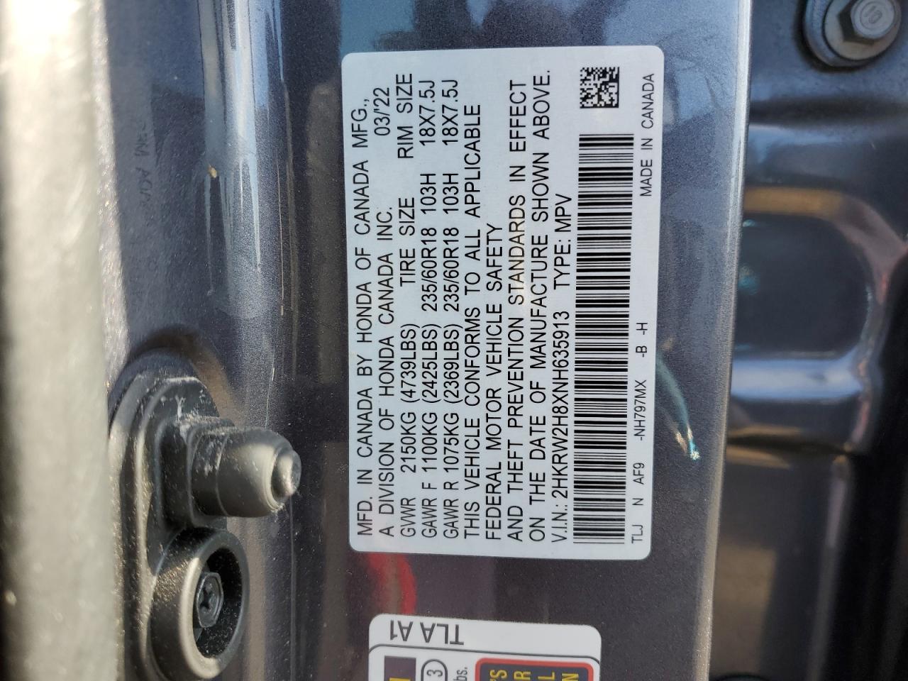 2022 HONDA CR-V EXL VIN:2HKRW2H8XNH635913