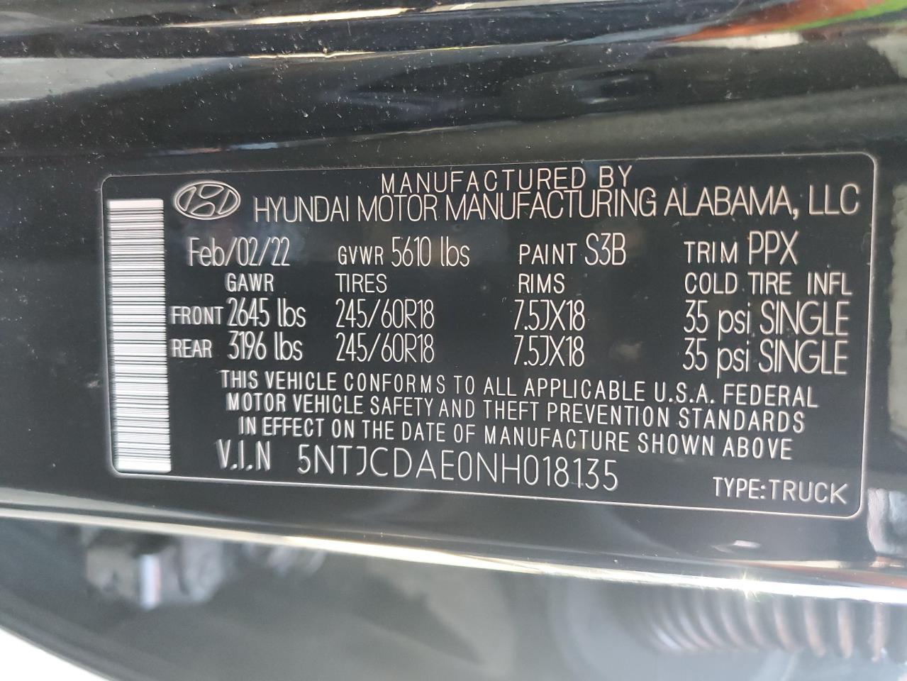 2022 HYUNDAI SANTA CRUZ SEL VIN:5NTJCDAE0NH018135
