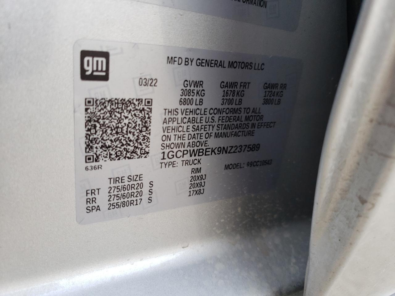 2022 CHEVROLET SILVERADO LTD C1500 CUSTOM VIN:1GCPWBEK9NZ237589