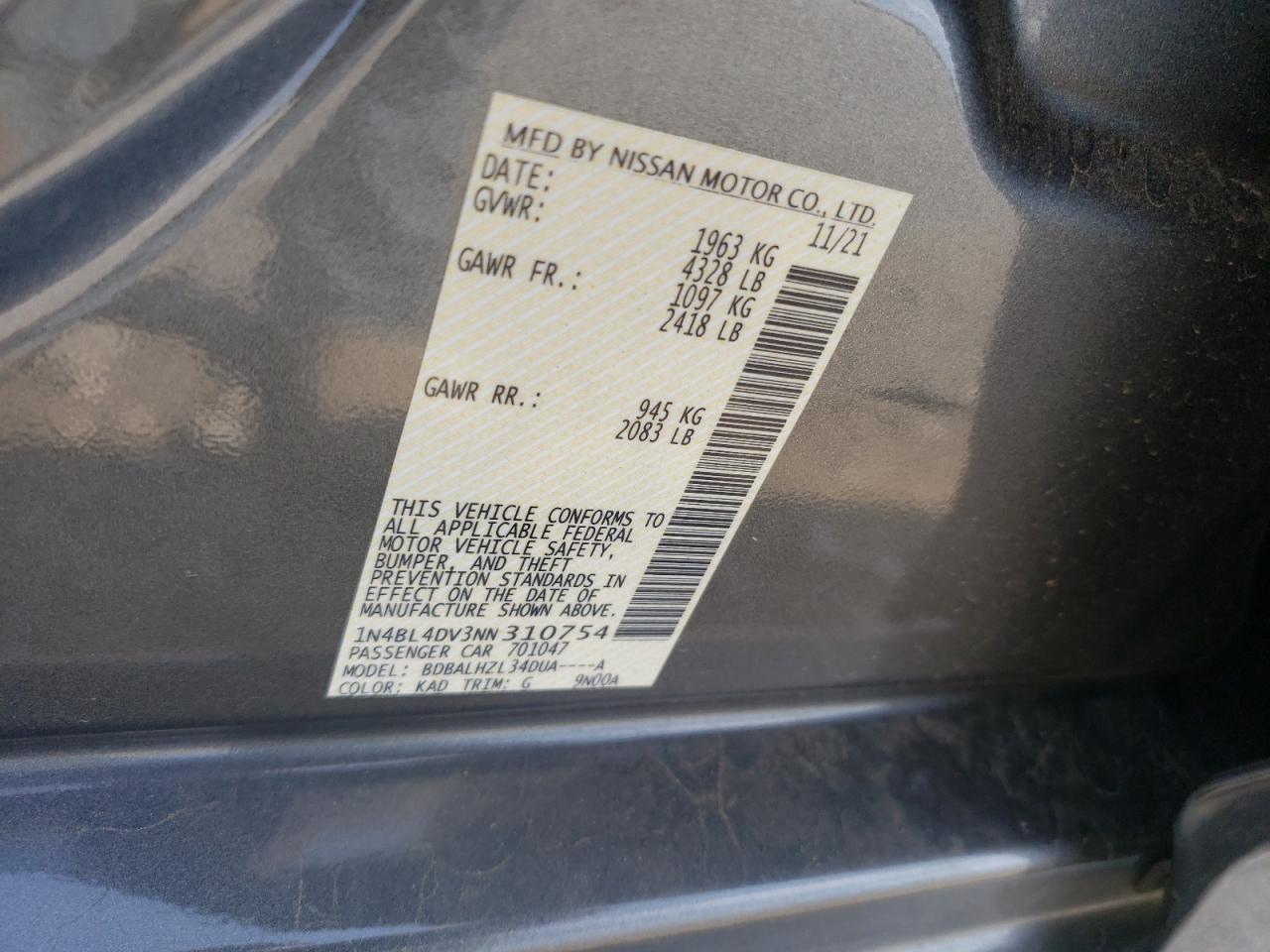 2022 NISSAN ALTIMA SV VIN:1N4BL4DV3NN310754