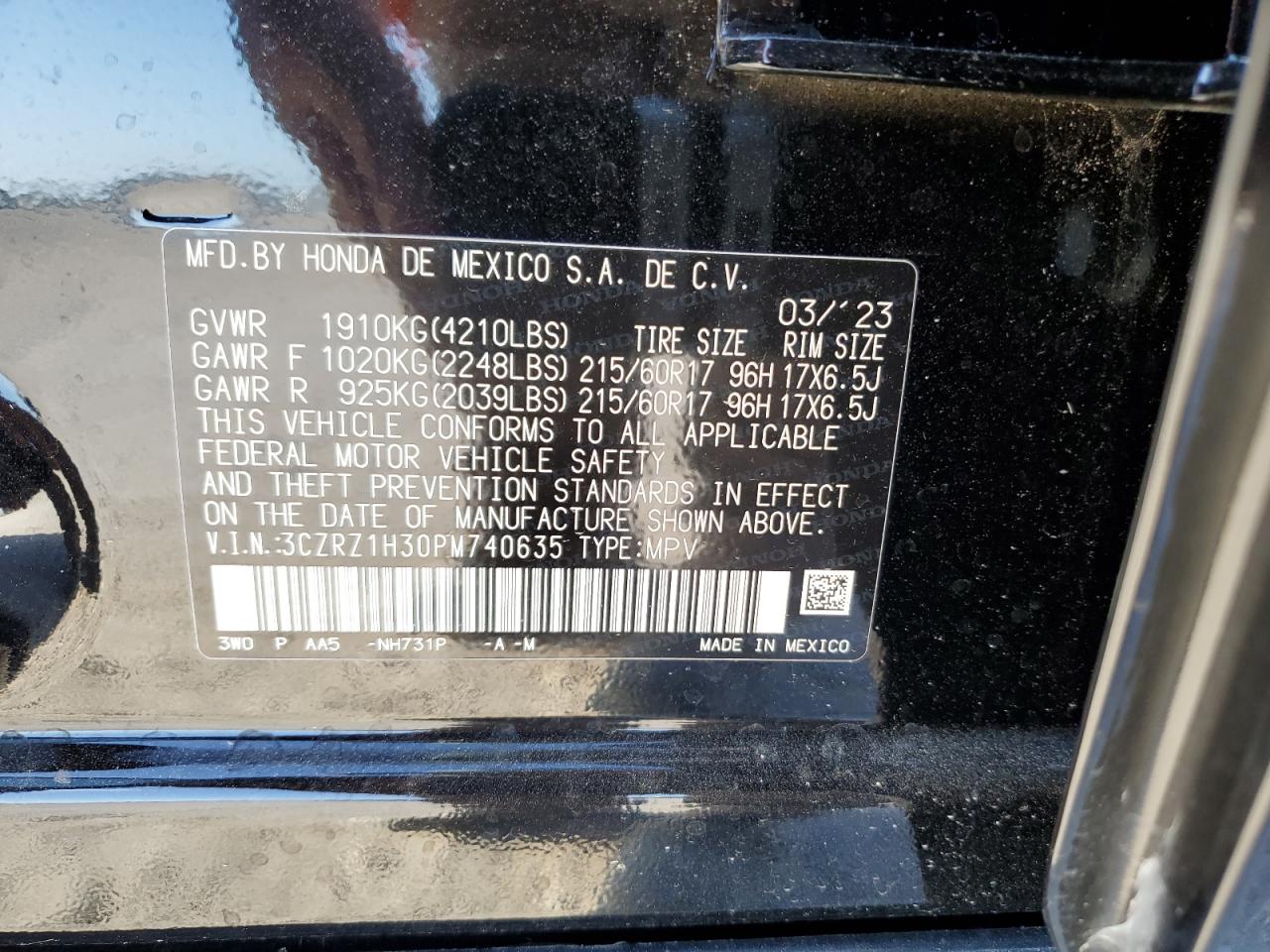 2023 HONDA HR-V LX VIN:3CZRZ1H30PM740635