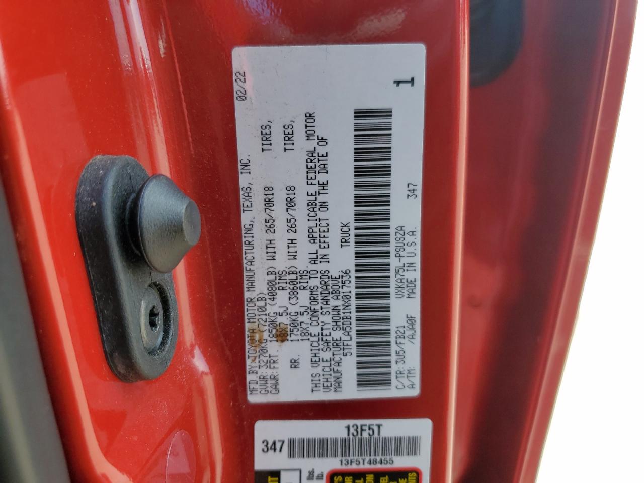 2022 TOYOTA TUNDRA CREWMAX SR VIN:5TFLA5DB1NX017536