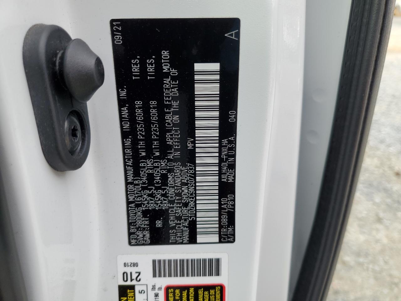 2022 TOYOTA SIENNA LIMITED VIN:5TDZRKEC9NS077837