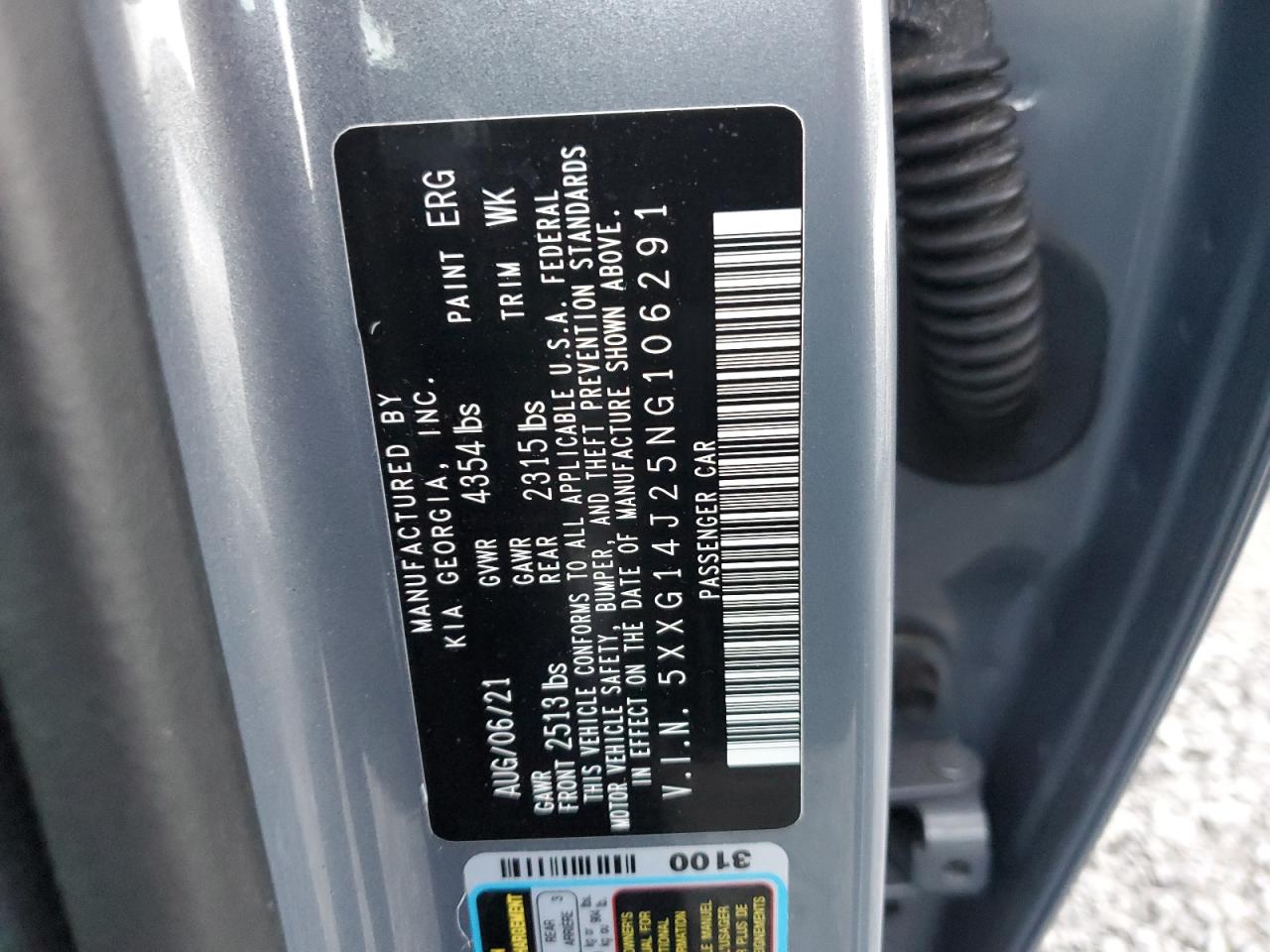 2022 KIA K5 LXS VIN:5XXG14J25NG106291