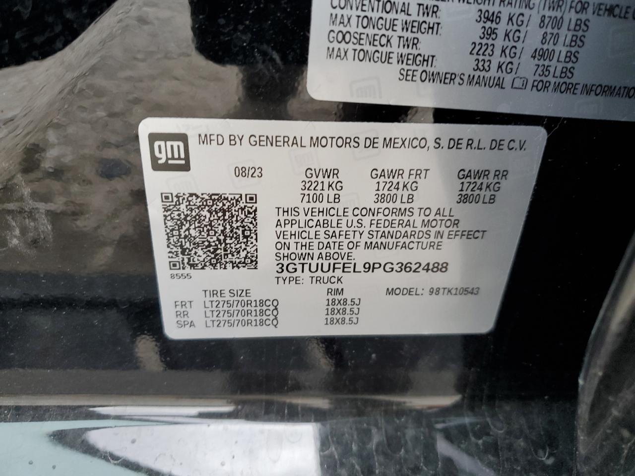 2023 GMC SIERRA K1500 AT4X VIN:3GTUUFEL9PG362488