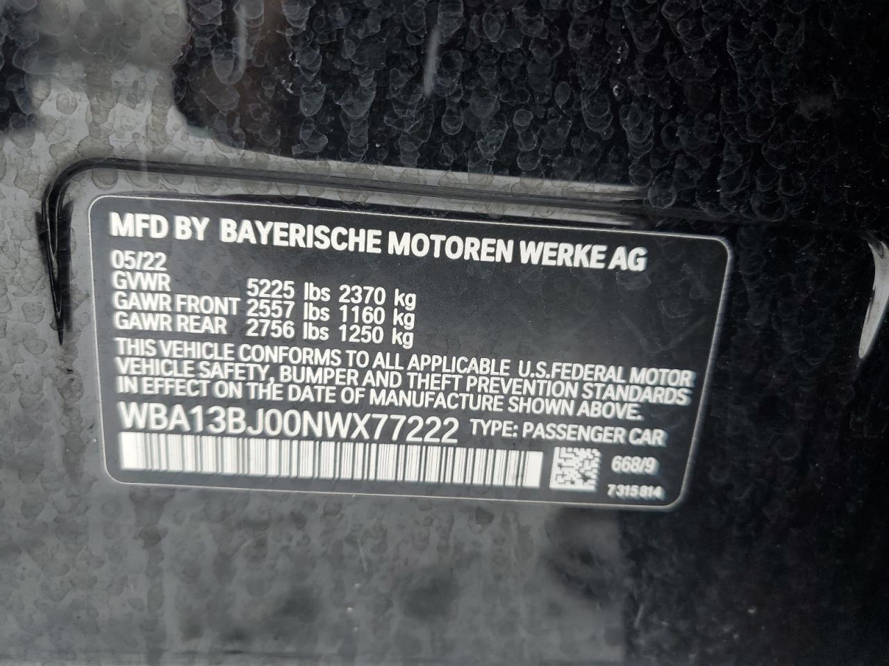 2022 BMW 530 XI VIN:WBA13BJ00NWX77222