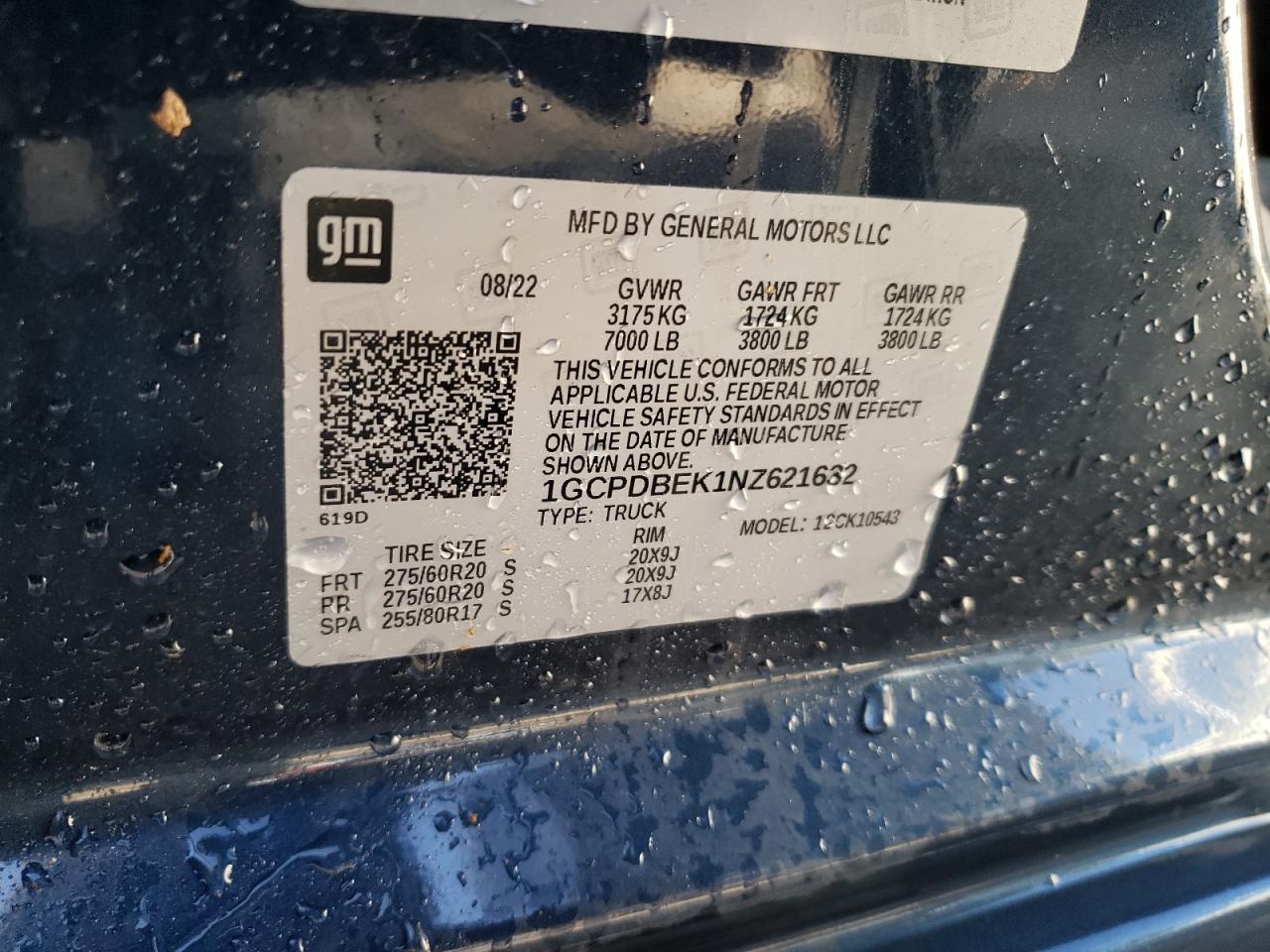 2022 CHEVROLET SILVERADO K1500 CUSTOM VIN:1GCPDBEK1NZ621632