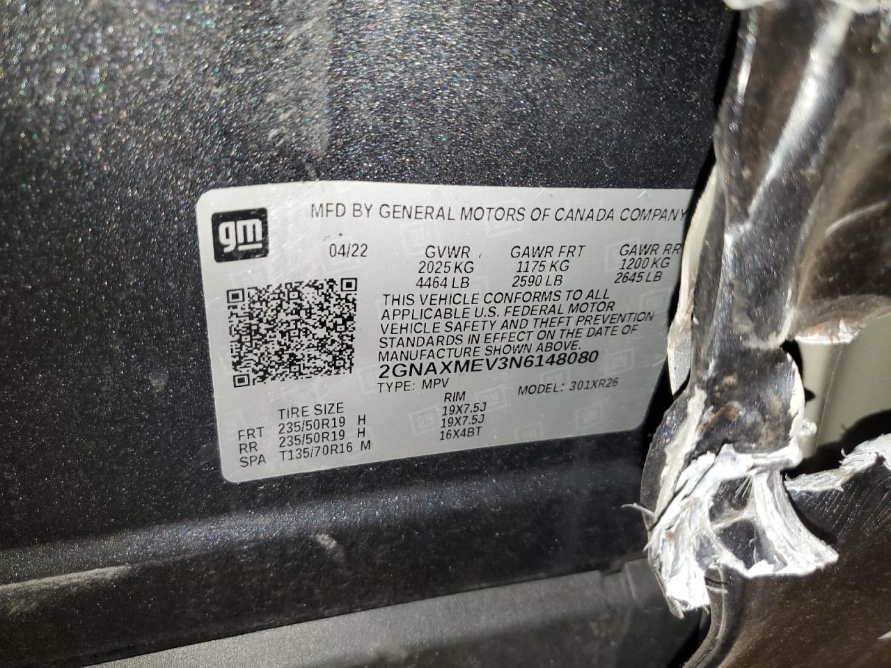 2022 CHEVROLET EQUINOX RS VIN:2GNAXMEV3N6148080