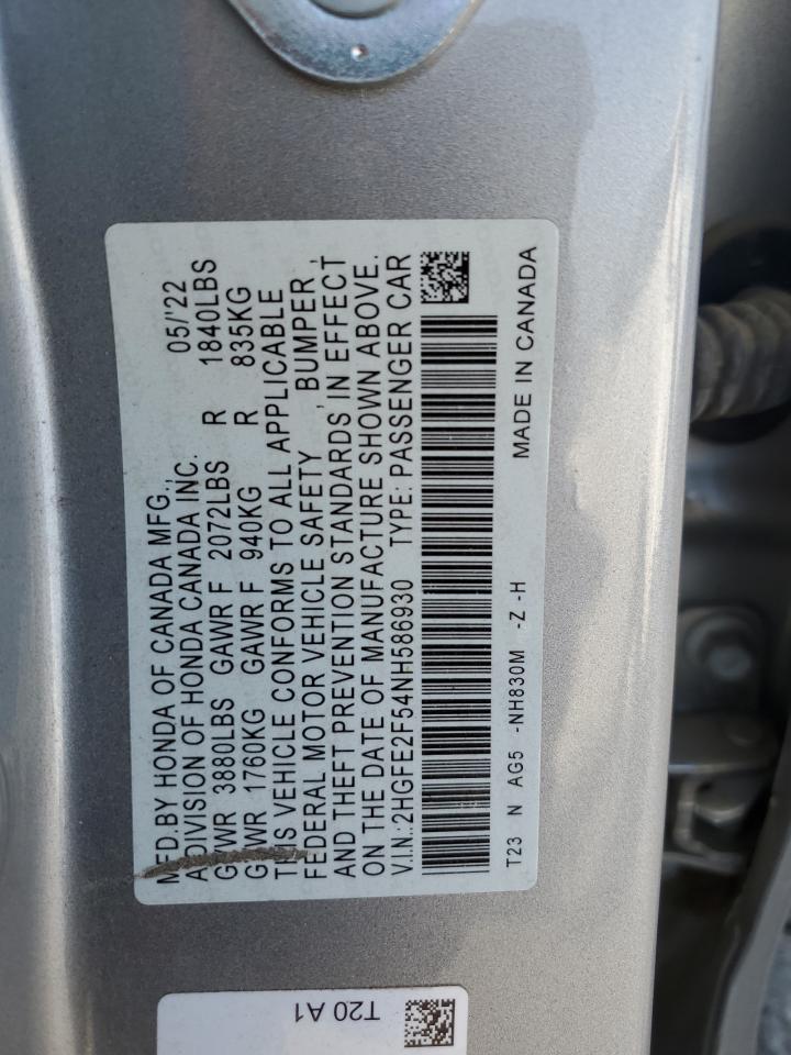 2022 HONDA CIVIC SPORT VIN:2HGFE2F54NH586930