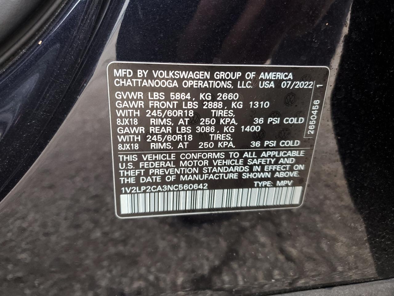 2022 VOLKSWAGEN ATLAS SE VIN:1V2LP2CA3NC560642