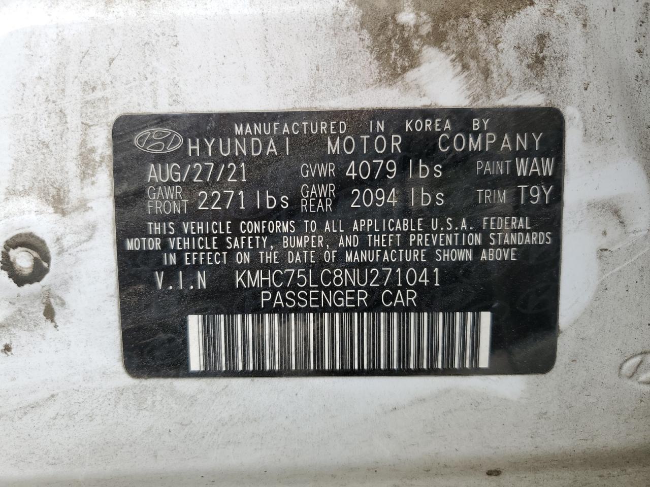 2022 HYUNDAI IONIQ SE VIN:KMHC75LC8NU271041