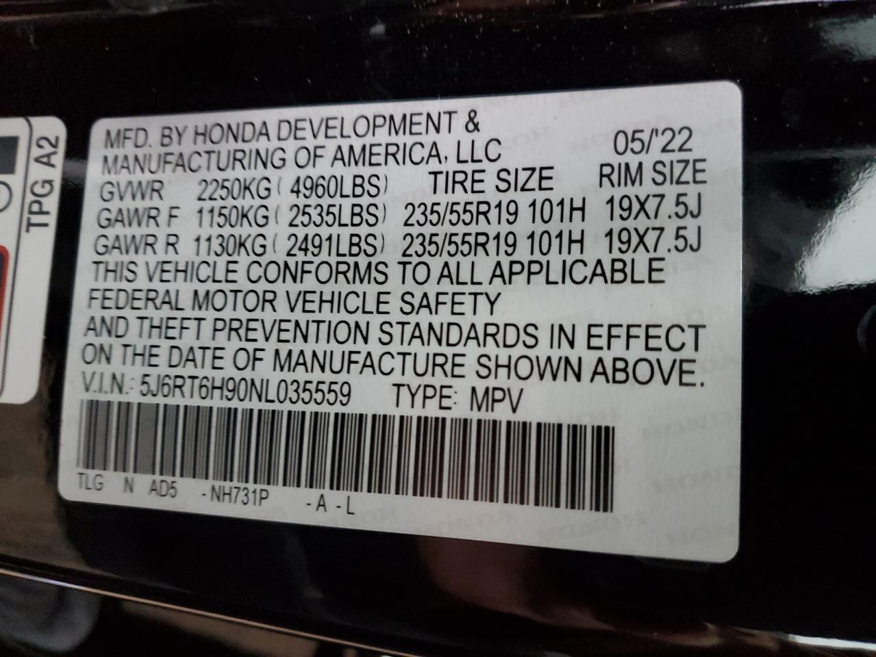 2022 HONDA CR-V TOURING VIN:5J6RT6H90NL035559