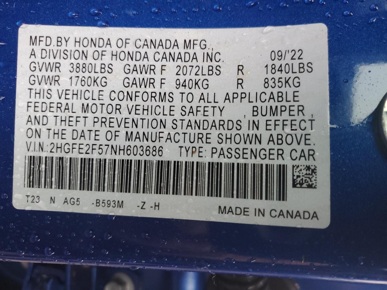 2022 HONDA CIVIC SPORT VIN:2HGFE2F57NH603686