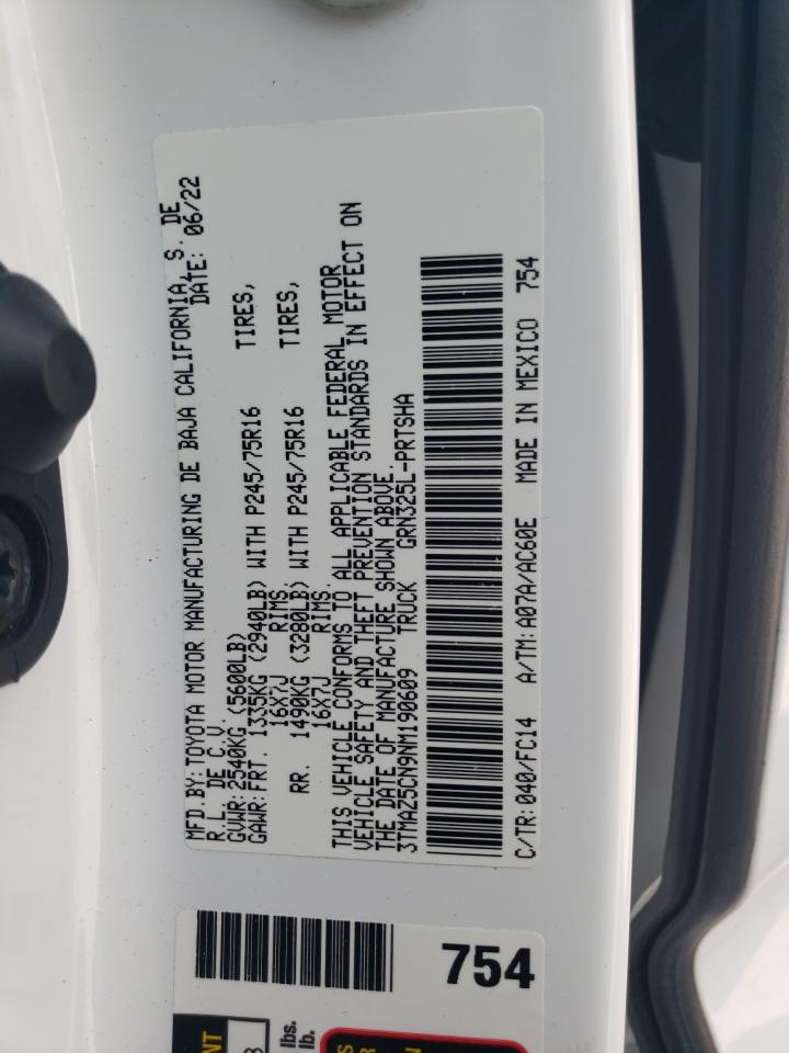 2022 TOYOTA TACOMA DOUBLE CAB VIN:3TMAZ5CN9NM190609