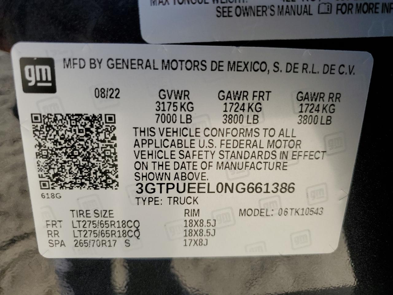 2022 GMC SIERRA K1500 AT4 VIN:3GTPUEEL0NG661386