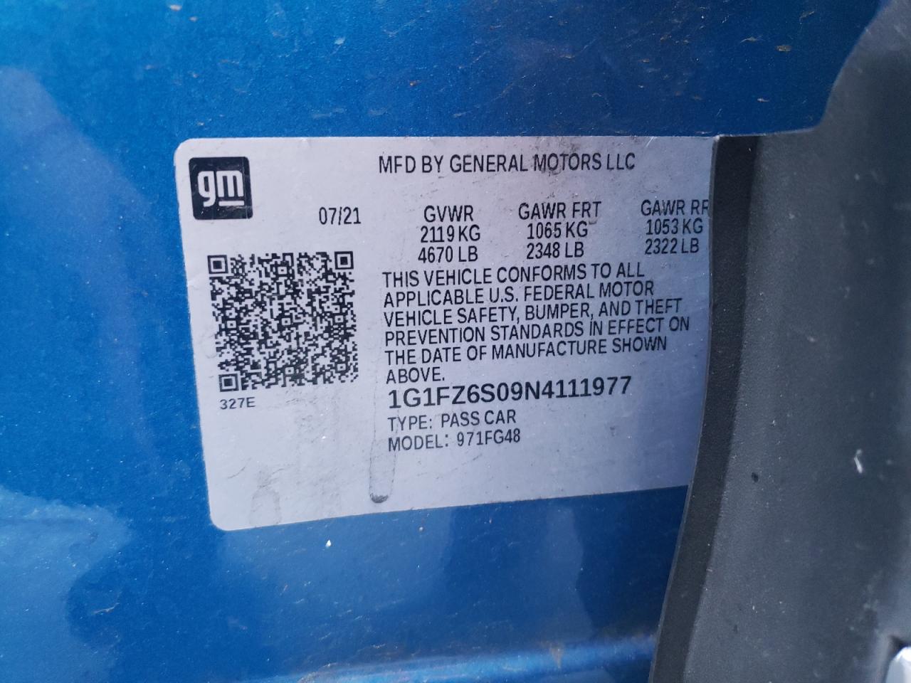 2022 CHEVROLET BOLT EUV PREMIER VIN:1G1FZ6S09N4111977