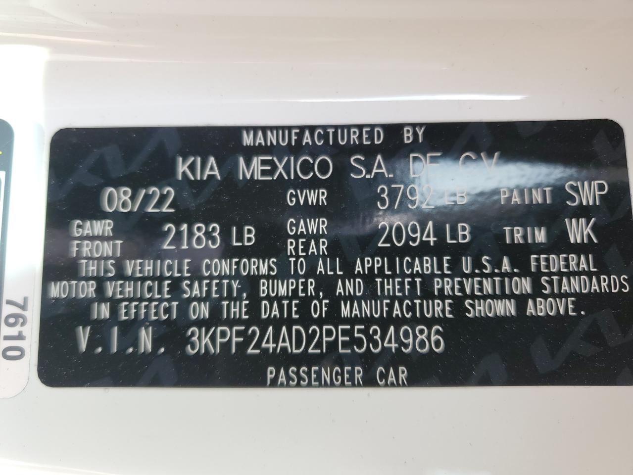 2023 KIA FORTE LX VIN:3KPF24AD2PE534986
