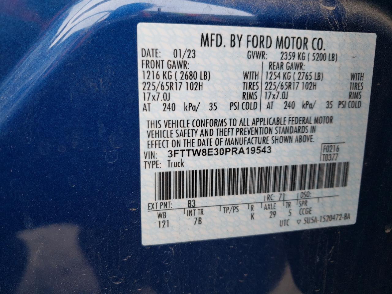 2023 FORD MAVERICK XL VIN:3FTTW8E30PRA19543