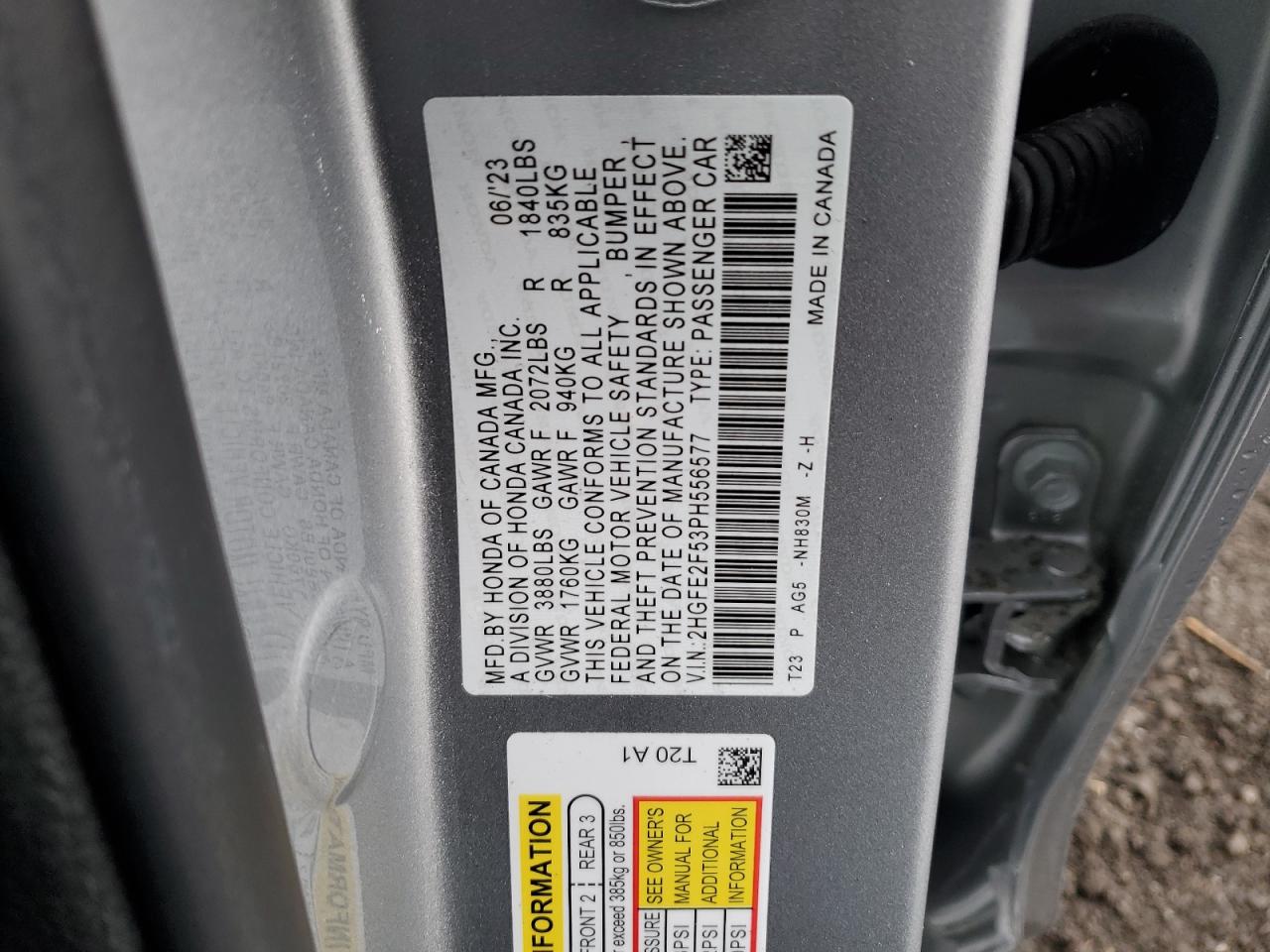 2023 HONDA CIVIC SPORT VIN:2HGFE2F53PH556577
