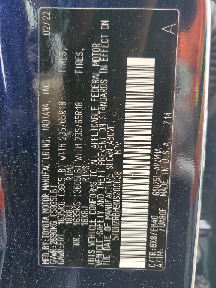 2022 TOYOTA HIGHLANDER XLE VIN:5TDHZRBH9NS200038