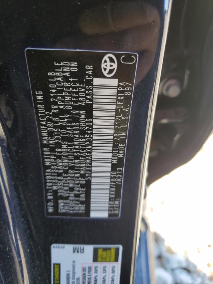 2022 TOYOTA COROLLA LE VIN:5YFEPMAEXNP354706