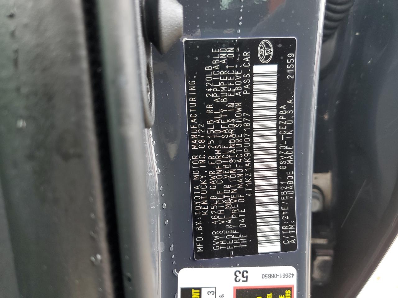 2023 TOYOTA CAMRY TRD VIN:4T1KZ1AK9PU071877