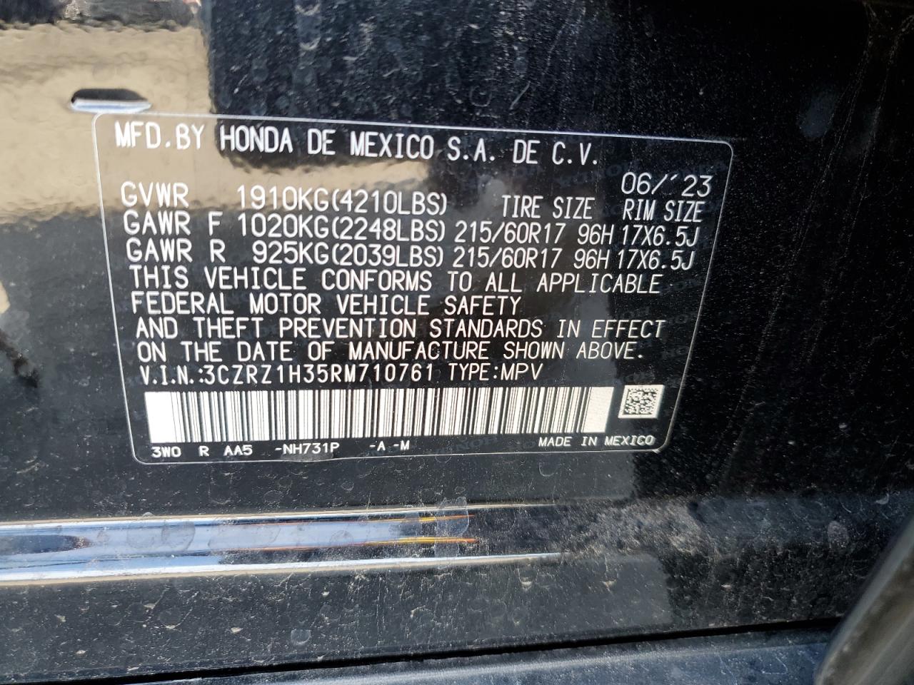 2024 HONDA HR-V LX VIN:3CZRZ1H35RM710761