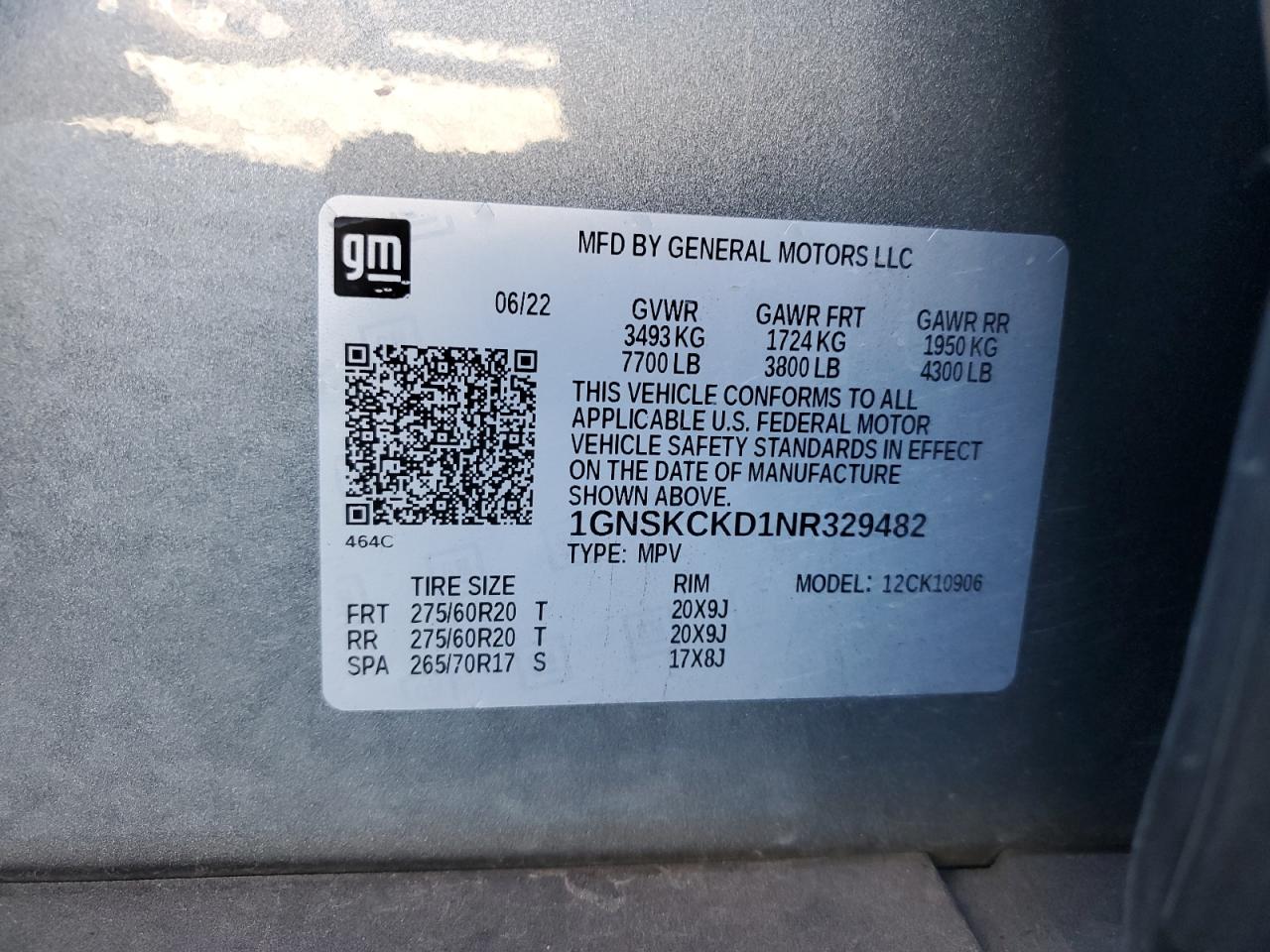 2022 CHEVROLET SUBURBAN K1500 LT VIN:1GNSKCKD1NR329482