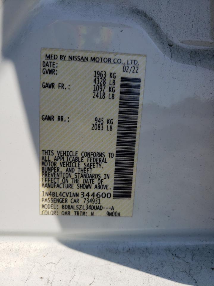 2022 NISSAN ALTIMA SR VIN:1N4BL4CV1NN344600