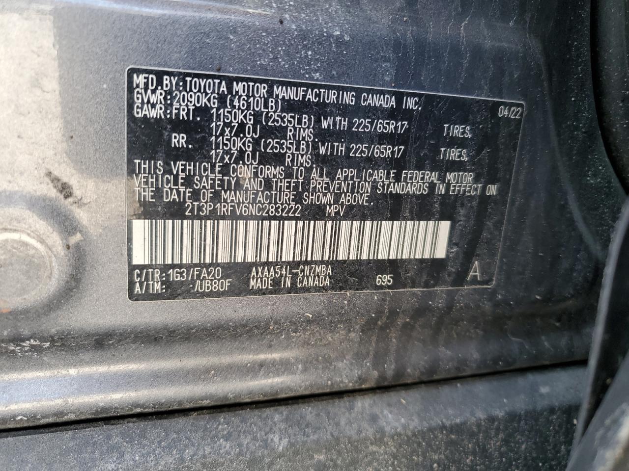 2022 TOYOTA RAV4 XLE VIN:2T3P1RFV6NC283222