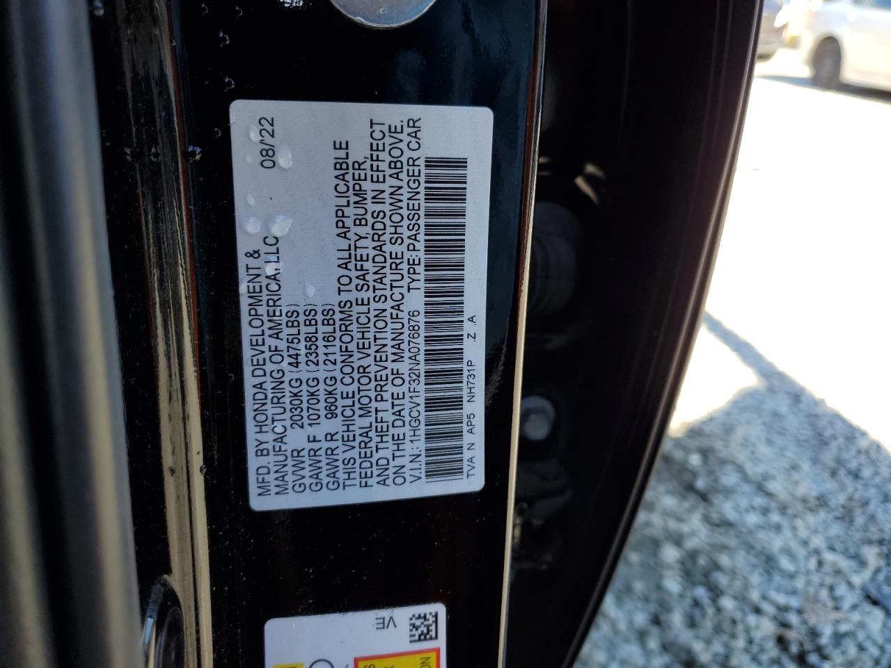 2022 HONDA ACCORD SPORT VIN:1HGCV1F32NA076876