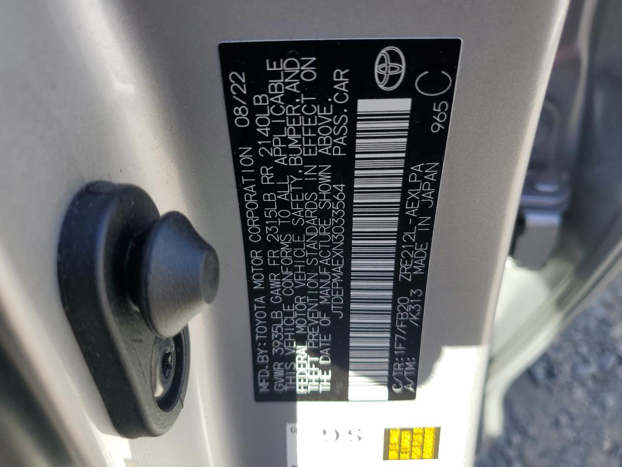 2022 TOYOTA COROLLA LE VIN:JTDEPMAEXN3033564