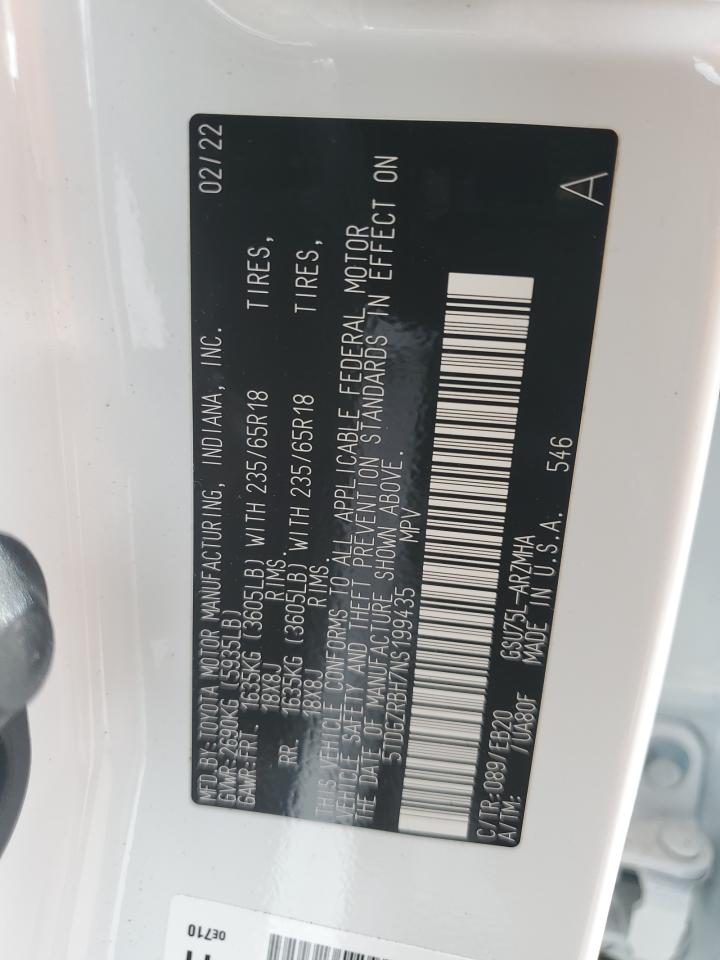 2022 TOYOTA HIGHLANDER XLE VIN:5TDGZRBH7NS199435