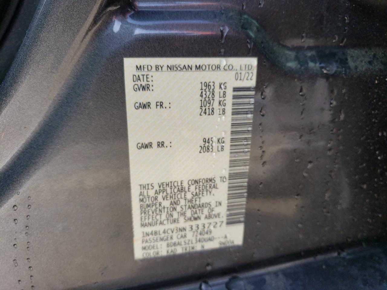 2022 NISSAN ALTIMA SR VIN:1N4BL4CV3NN333727