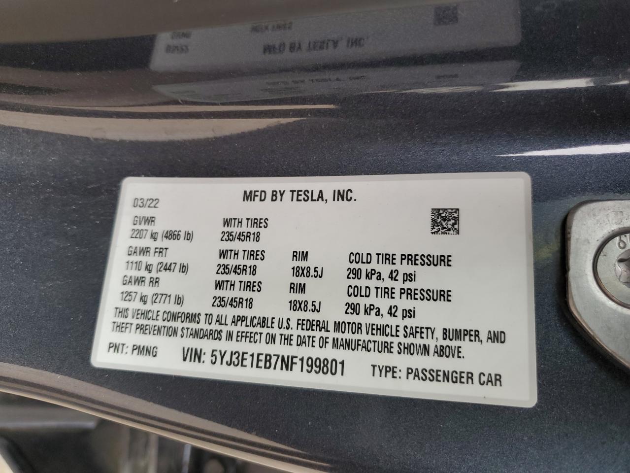 2022 TESLA MODEL 3  VIN:5YJ3E1EB7NF199801