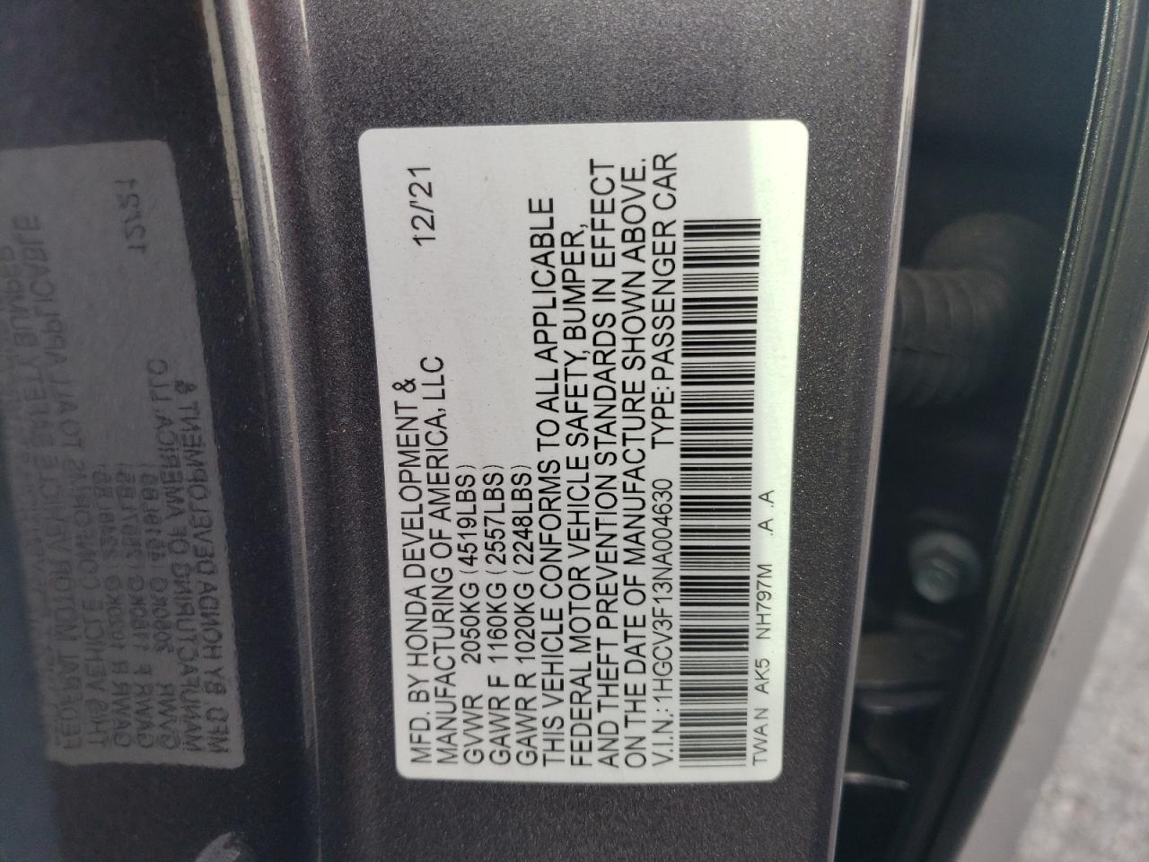 2022 HONDA ACCORD HYBRID VIN:1HGCV3F13NA004630
