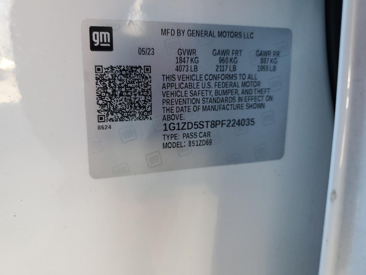 2023 CHEVROLET MALIBU LT VIN:1G1ZD5ST8PF224035