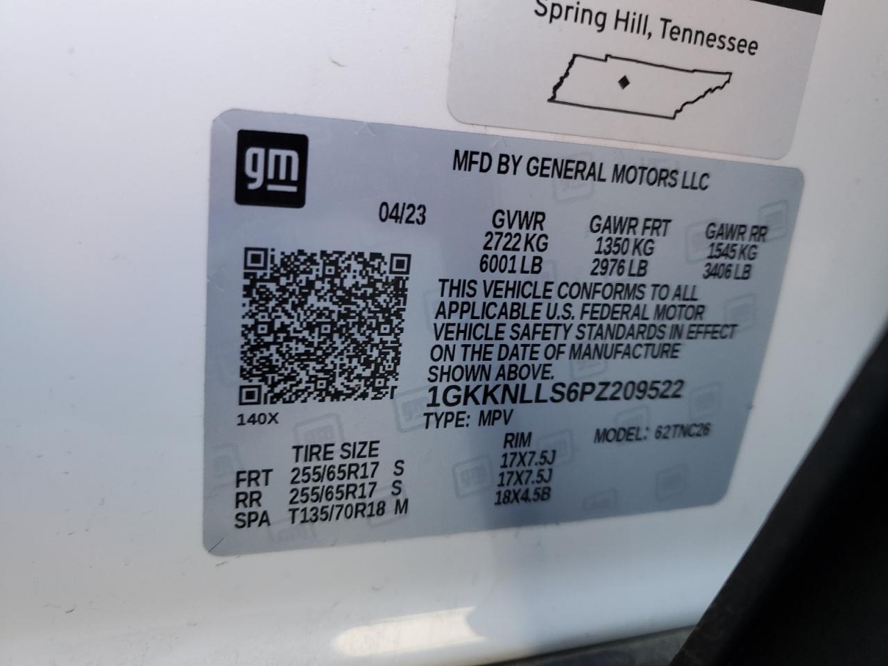 2023 GMC ACADIA AT4 VIN:1GKKNLLS6PZ209522