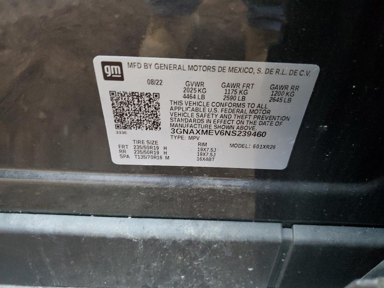 2022 CHEVROLET EQUINOX RS VIN:3GNAXMEV6NS239460