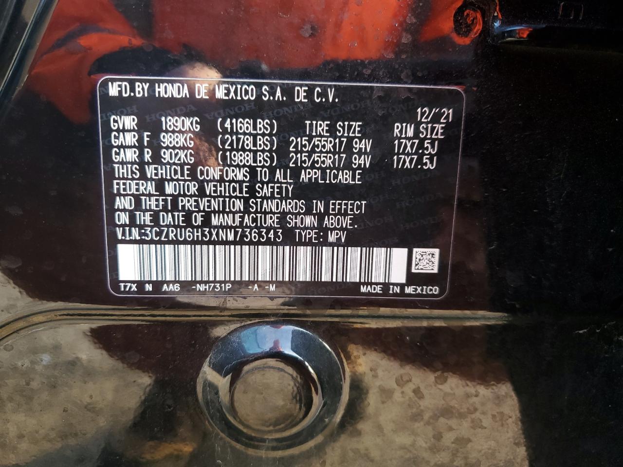 2022 HONDA HR-V LX VIN:3CZRU6H3XNM736343