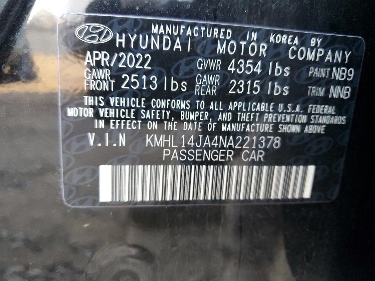 2022 HYUNDAI SONATA SEL VIN:KMHL14JA4NA221378