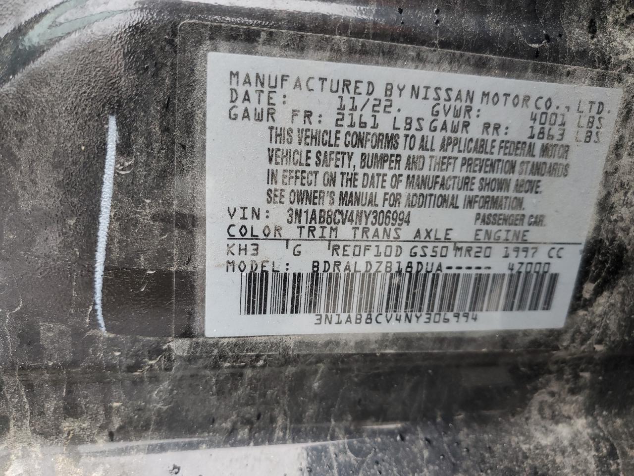 2022 NISSAN SENTRA SV VIN:3N1AB8CV4NY306994