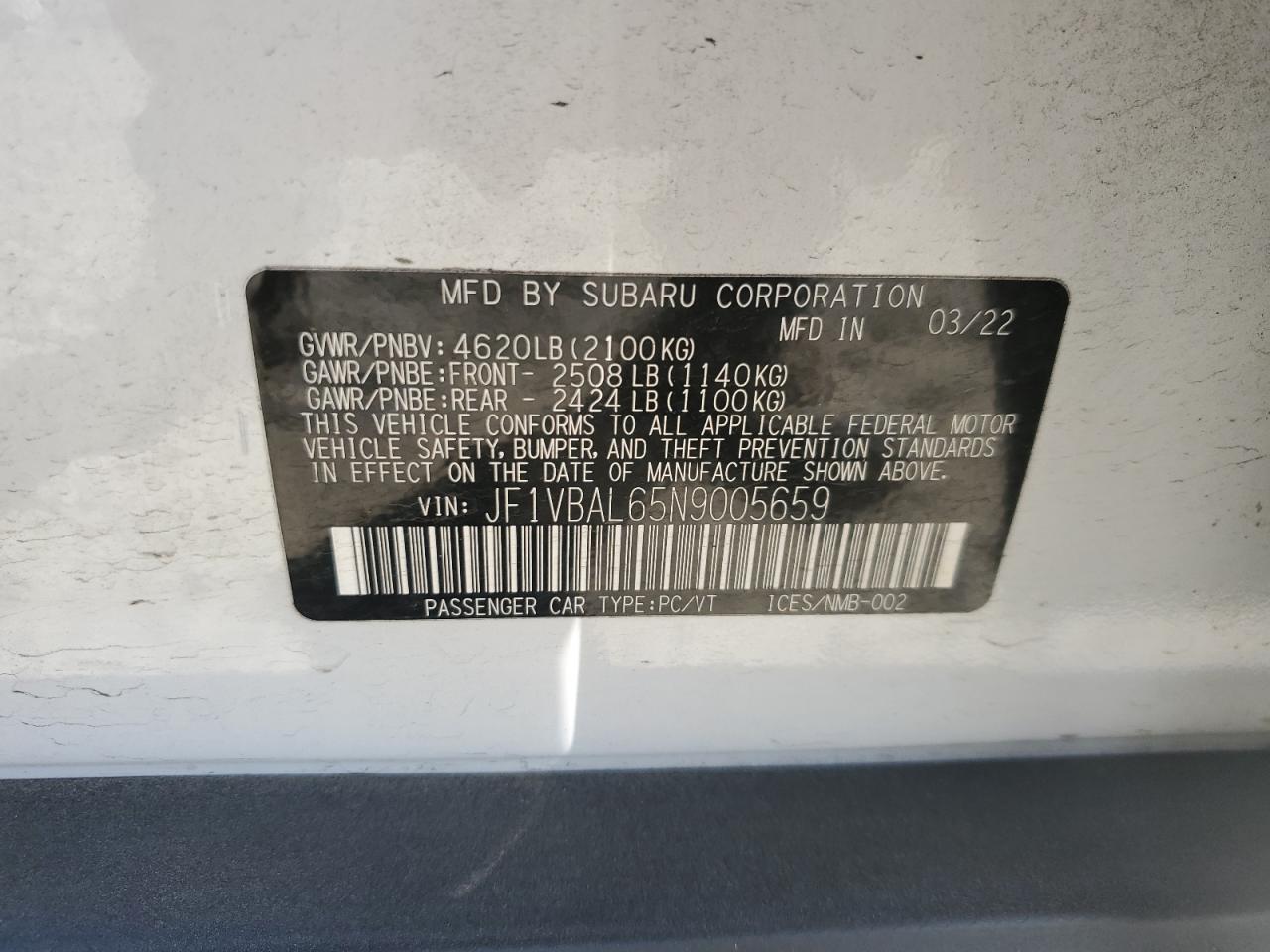 2022 SUBARU WRX LIMITED VIN:JF1VBAL65N9005659