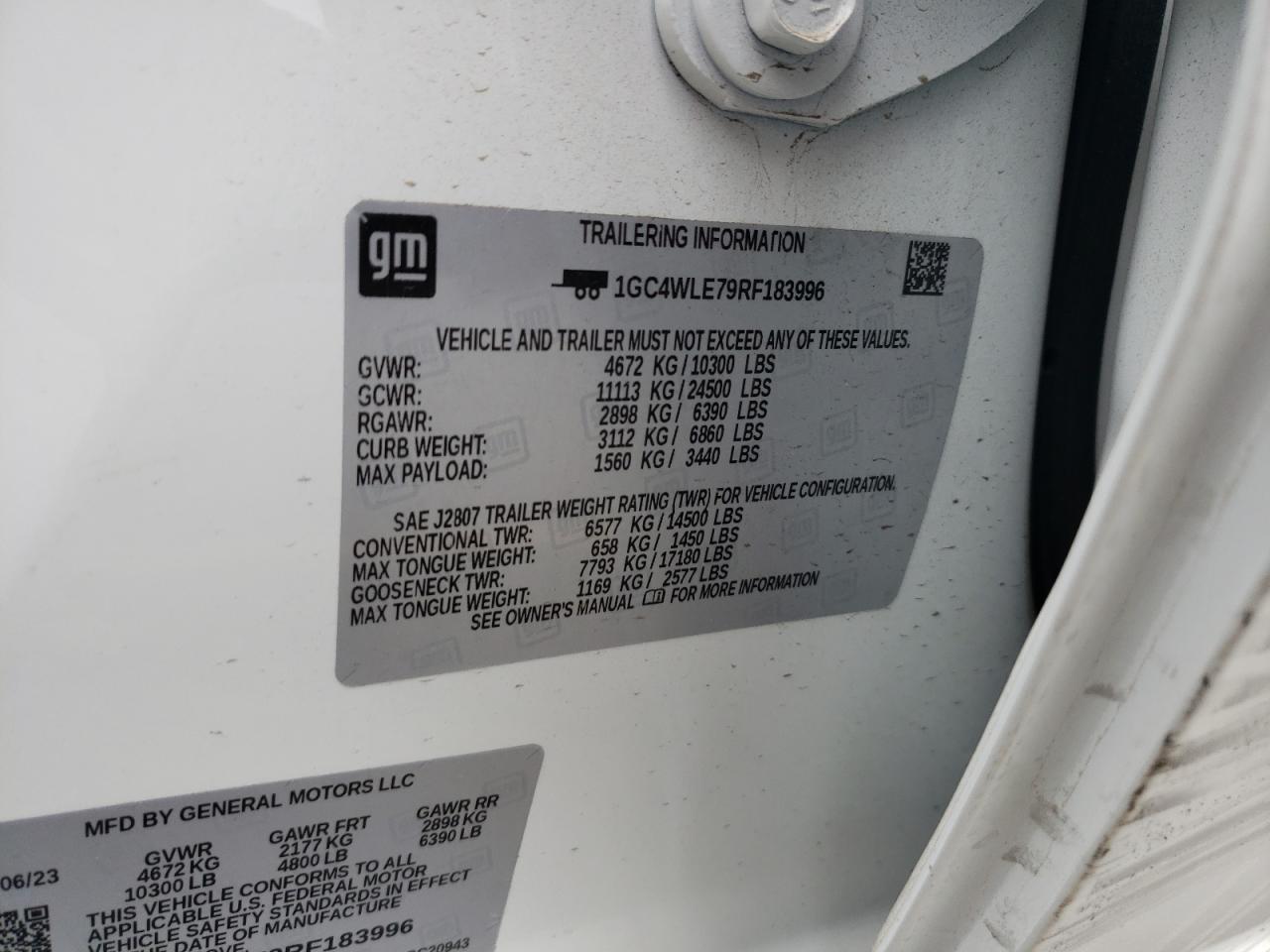 2024 CHEVROLET SILVERADO C2500 HEAVY DUTY VIN:1GC4WLE79RF183996